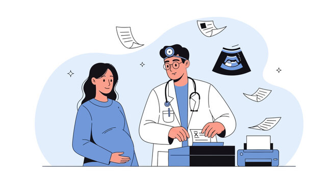 Doctor Consulting Pregnant Woman, Ultrasound Scan, Medical Paperwork