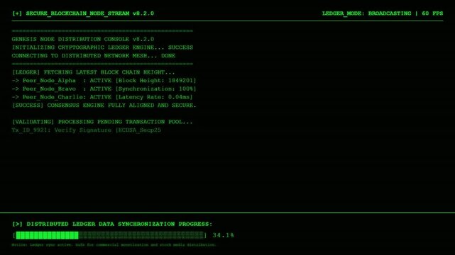 Secure Blockchain Node Stream Terminal Displaying Cryptographic Ledger Engine Genesis Node Distribution Console Distributed Ledger Data Synchronization Progress Green HUD Background.