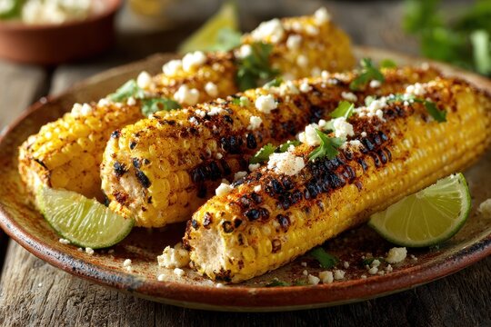 Grilled elotes on a rustic plate with cotija cheese, cilantro, and lime
