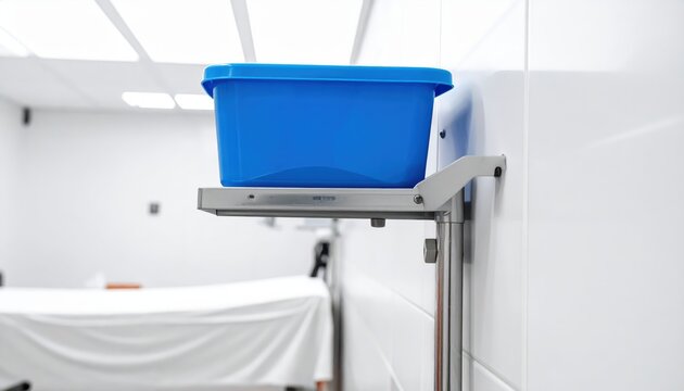 Bright blue disposable medical bedpan resting on a silver chrome shelf attached to a hospital commode bedside.