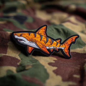 Dynamic flying shark decal with camo pattern backdrop