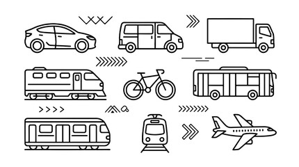 Thin line transport icons set with cars, trains, bus and airplane © Alan