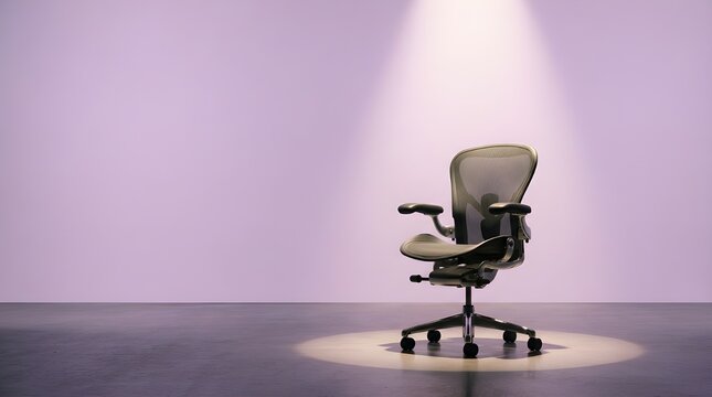 A solitary, modern office chair dramatically illuminated by a spotlight, symbolizing a significant career milestone, an open leadership role, or the future of professional success