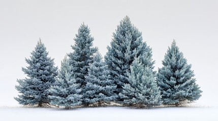 Obraz premium Conical Evergreen Cluster of Colorado Blue Spruce on White Backdrop