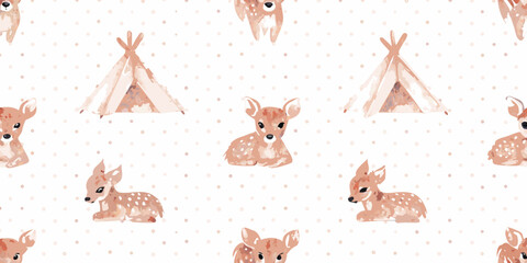 Deer and teepee floral pattern watercolor style with speckled background © Kopil
