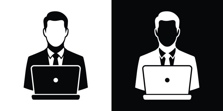 Professional man in a suit working on a laptop computer. Icon representing office work, programming, or online business.