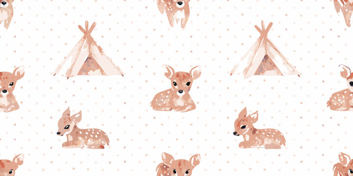 Deer and teepee floral pattern watercolor style with speckled background