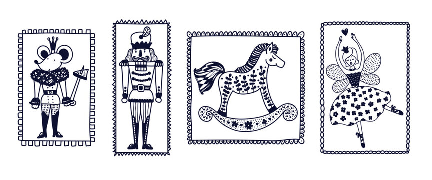 Vintage Christmas whimsical nutcracker illustrations. Line art hand drawn coquette vector doodles set.