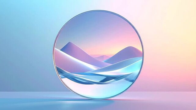 A circular glass frame displays a surreal landscape with soft rolling hills at sunset