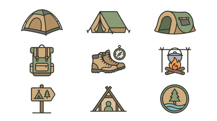 Camping and hiking icon set with tents, backpack and campfire © Alan