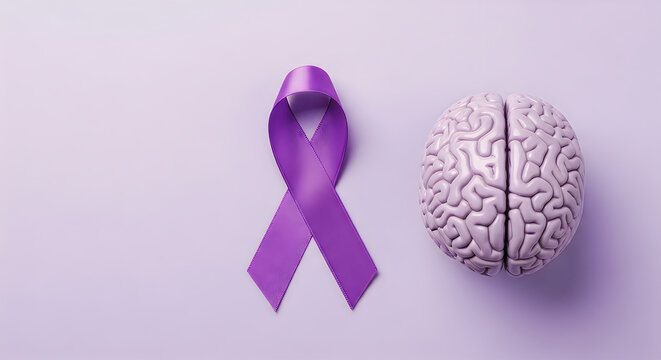 Purple ribbon and brain model for epilepsy awareness