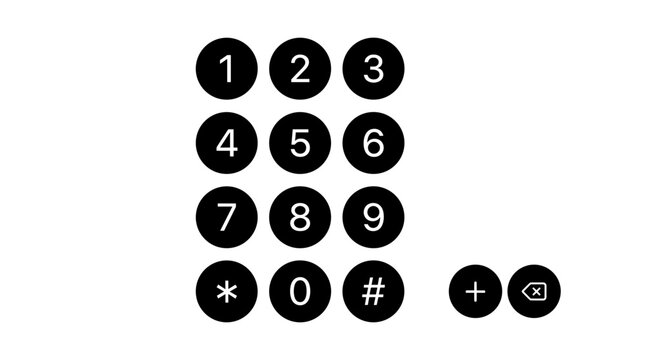 Round number button icon set with digits and phone symbols