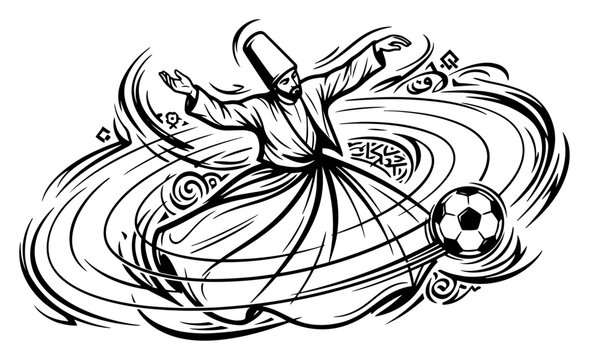 Whirling dervish playing soccer with dynamic swirls, Sufi dancer kicking football ball artistic illustration, spiritual sports fusion