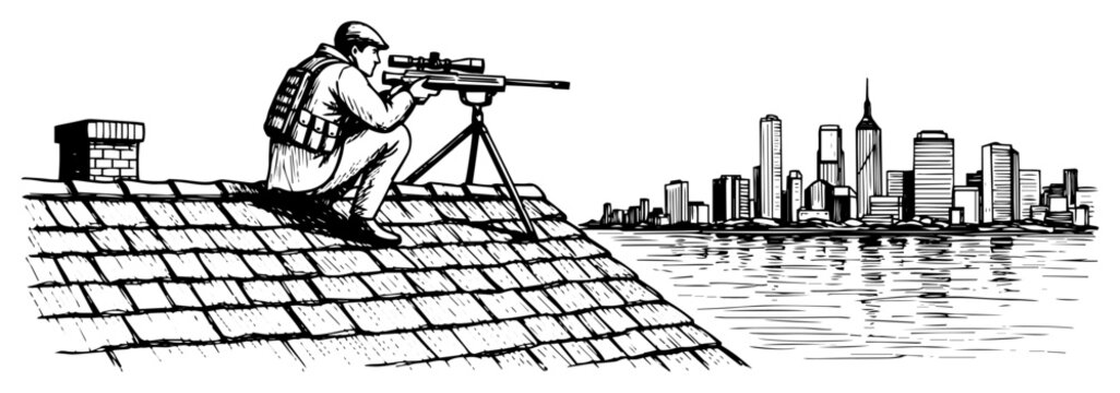 Sniper on city rooftop silhouette panorama, assassin on roof overlooking urban skyline sketch, rooftop military spotter illustration