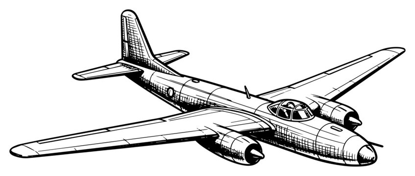 Vintage twin engine military aircraft illustration, retro propeller plane engraving, WWII aviation history sketch