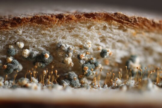 Macro close-up of bread mold growth revealing hyphae and sporangia on a sliced loaf