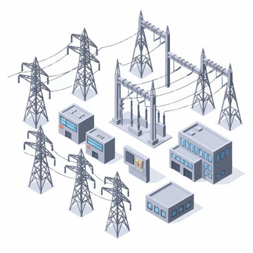 Electrical power grid infrastructure with pylons and substations.