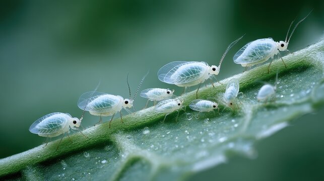 Macro close-up of silverleaf whitefly nymphs and adults on a green leaf