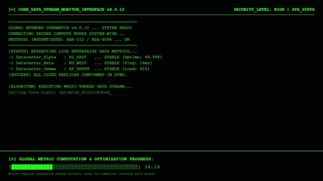 Core Data Stream Monitor Interface Displaying Global Network Overwatch Datacenter Metrics Multi Thread Algorithm Global Metric Computation And Optimization Progress Green HUD Background.