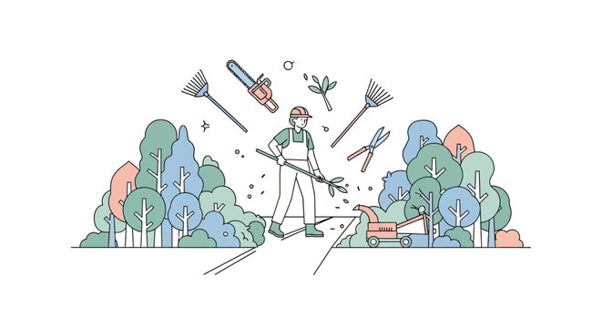 Gardener with tools and plants illustration.