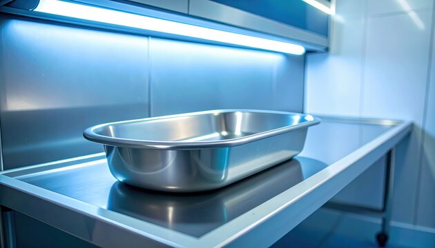 Clean and polished metal bedpan resting on a shelf in a sterile hospital setting