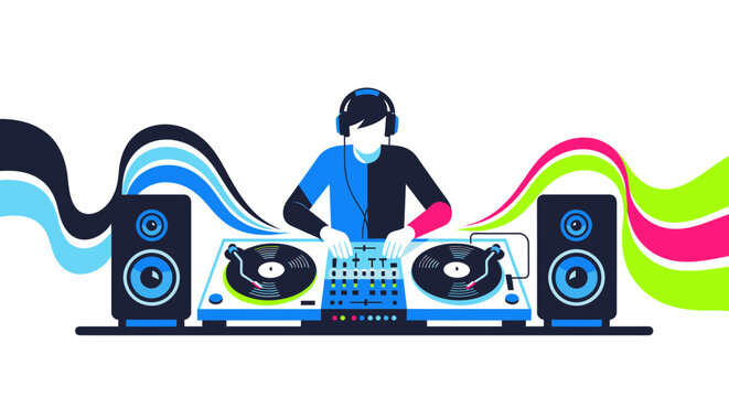DJ Playing Music on Turntables with Speakers and Sound Waves.