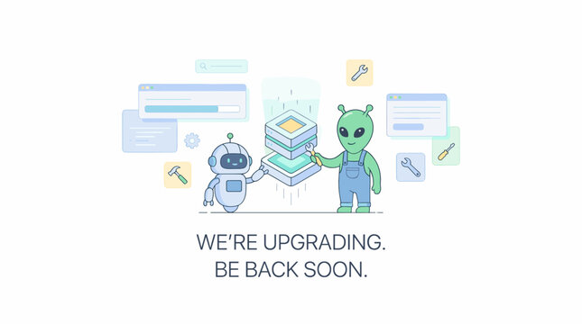 Digital illustration of system upgrade and maintenance, featuring a robot and an alien working on servers, symbolizing temporary service downtime or ongoing development