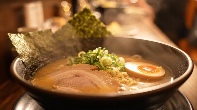 A steaming bowl of delicious ramen, featuring tender pork slices, a perfectly cooked egg, and fresh green onions, served in a dark bowl.