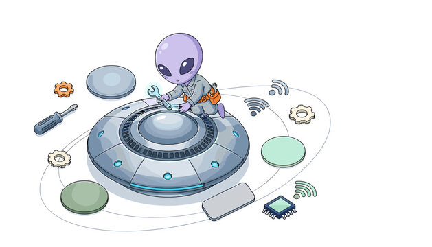 Friendly purple alien character meticulously assembling or repairing advanced spacecraft technology, surrounded by various futuristic gadgets, repair tools, and digital communication symbols