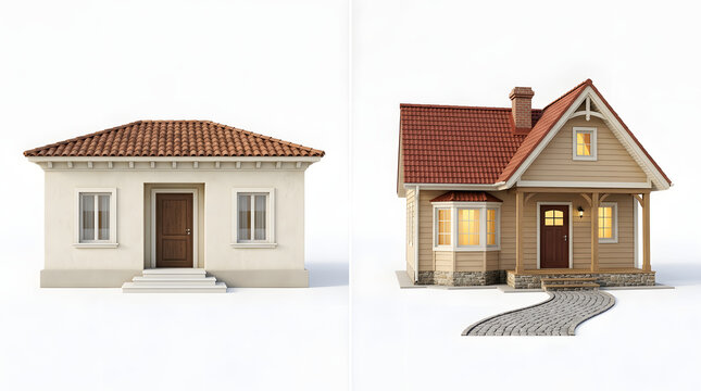 Home Sweet Homes: A side-by-side comparison showcasing two distinct residential houses, one a modest bungalow and the other a charming cottage, illustrating architectural variety.