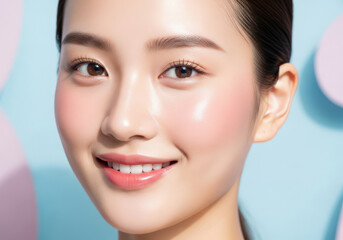 Obraz premium Closeup portrait of a smiling asian woman with glowing skin and rosy cheeks on blue background