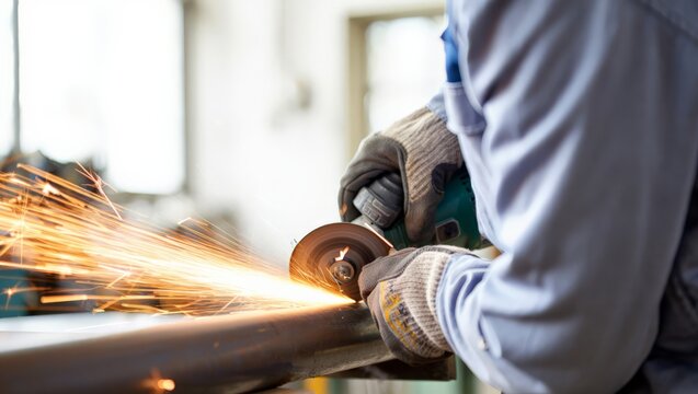 Dynamic close-up of a worker in blue coverall and grey gloves using an angle grinder on a steel pipe with an explosive burst of orange sparks flying in a bright airy naturally lit workshop.