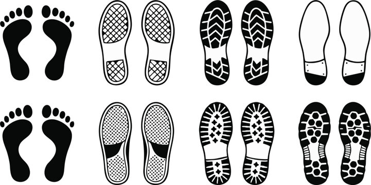 Human Footprint and Shoe Sole Print Vector Collection - Black Silhouette Barefoot, Sneaker, Boot, and Dress Shoe Tread Pattern Set