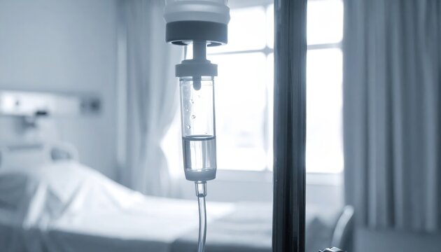 Close up of an intravenous drip chamber with saline solution slowly infusing in a hospital setting