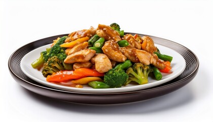 Fototapeta premium stir fried chicken and vegetables on a plate white isolate background
