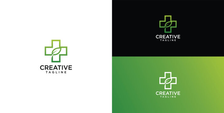 Minimalist medical cross logo with green leaf accent and customizable text for healthcare and wellness brands