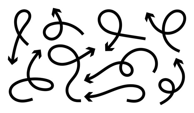 Curly Arrow Vector Set, Hand Drawn Swirl and Curved Arrow Collection. Decorative Doodle Arrow Design Elements Illustration with Swirling and Looping Directional Graphic.