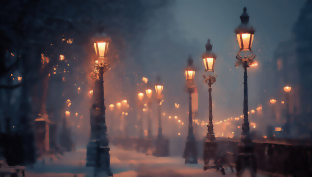 Glowing lamps illuminate a snowy, misty winter evening pathway, creating ambiance