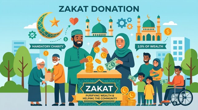 A detailed flat explaining the zakat donation concept, featuring a muslim couple placing coins into a box, surrounded by community members and islamic architectural