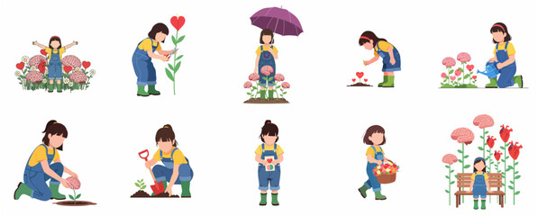 Fototapeta premium Young Girl Nurturing Mental Health and Emotional Growth Metaphorical Illustration Set