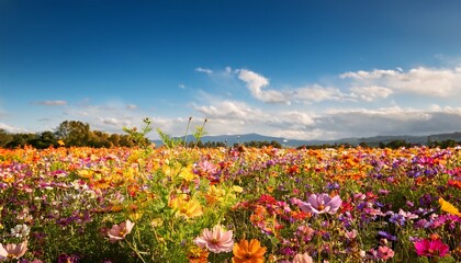 Obraz premium vibrant flower field with a focus on colorful blooms in the foreground and space above