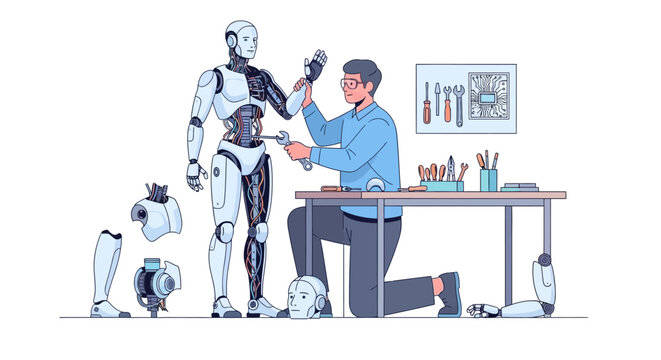 Man assembling a futuristic humanoid robot in a workshop setting.