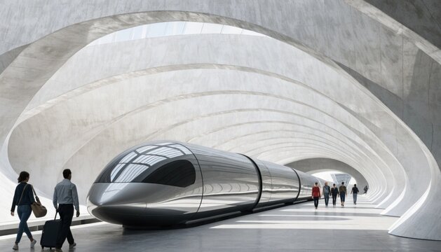 Futuristic hyperloop train pod awaiting departure in high-tech minimalist station ultra fast transport concept featuring sleek design and modern environment