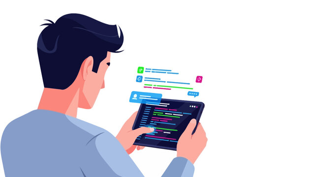 Man engrossed in tablet screen displaying code and notifications.