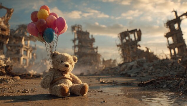 A teddy bear clutches colorful balloons amidst post-apocalyptic ruins under a dramatic sky