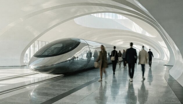 Futuristic hyperloop train pod awaiting departure in high-tech minimalist station ultra fast transport concept featuring sleek design and modern environment