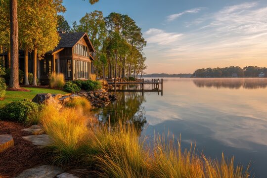 Lakeside house with wooden dock by a calm North Carolina lake at sunrise
