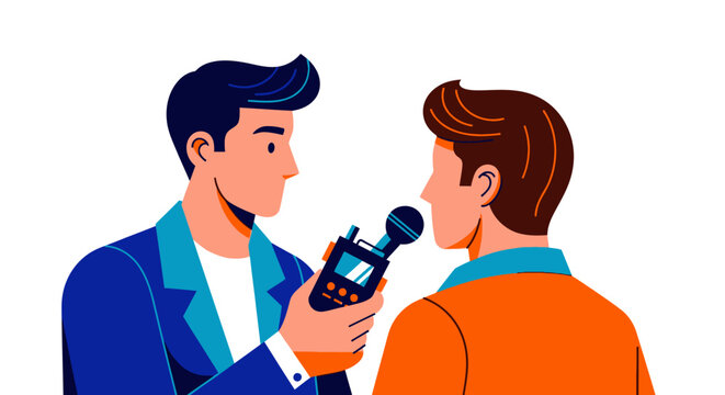 Journalist interviewing a man with a microphone.