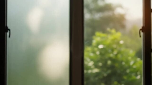 A view of a lush green garden through a partially opened window frame