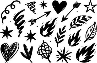 Set of black hand drawn doodle elements like stars hearts arrows leaves and fire shapes. © ViewStocks